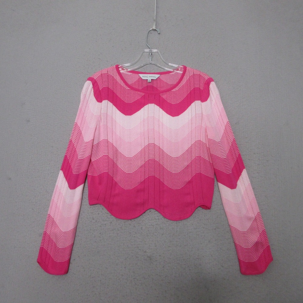 Ming Wang Sweater XS Pink Chevron Scalloped‎ Hem Knit Cropped Old Money Designer